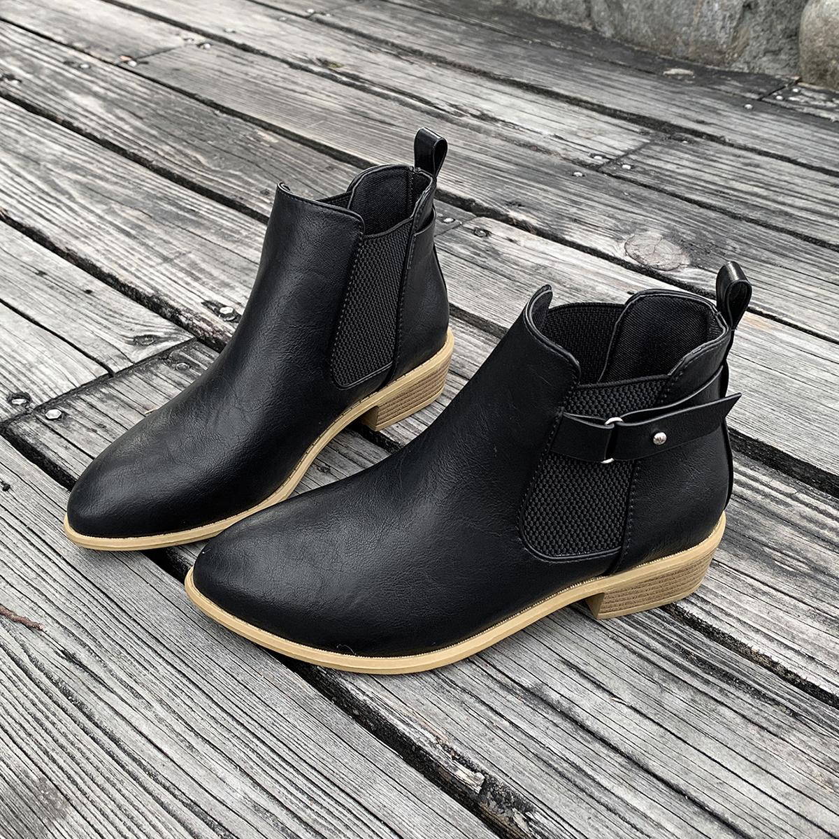 

Мода 2024 года, горячая распродажа, женские осенние сапоги с пряжкой, с острым носком, однотонные, короткие, на низком каблуке, большого размера, в стиле вестерн, голые сапоги 43 чёрный