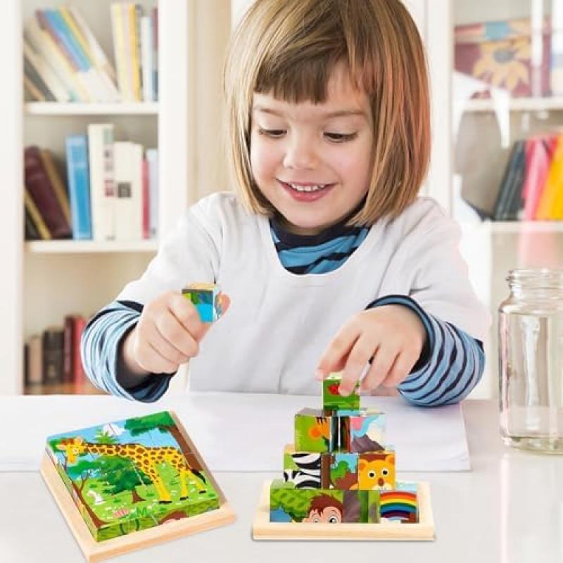 Wooden Puzzle Blocks for Kids, 6 In 1 Animal Pattern, Montessori Educational Toys for Toddlers Ages 2 3 4 Years Old Boys Girls