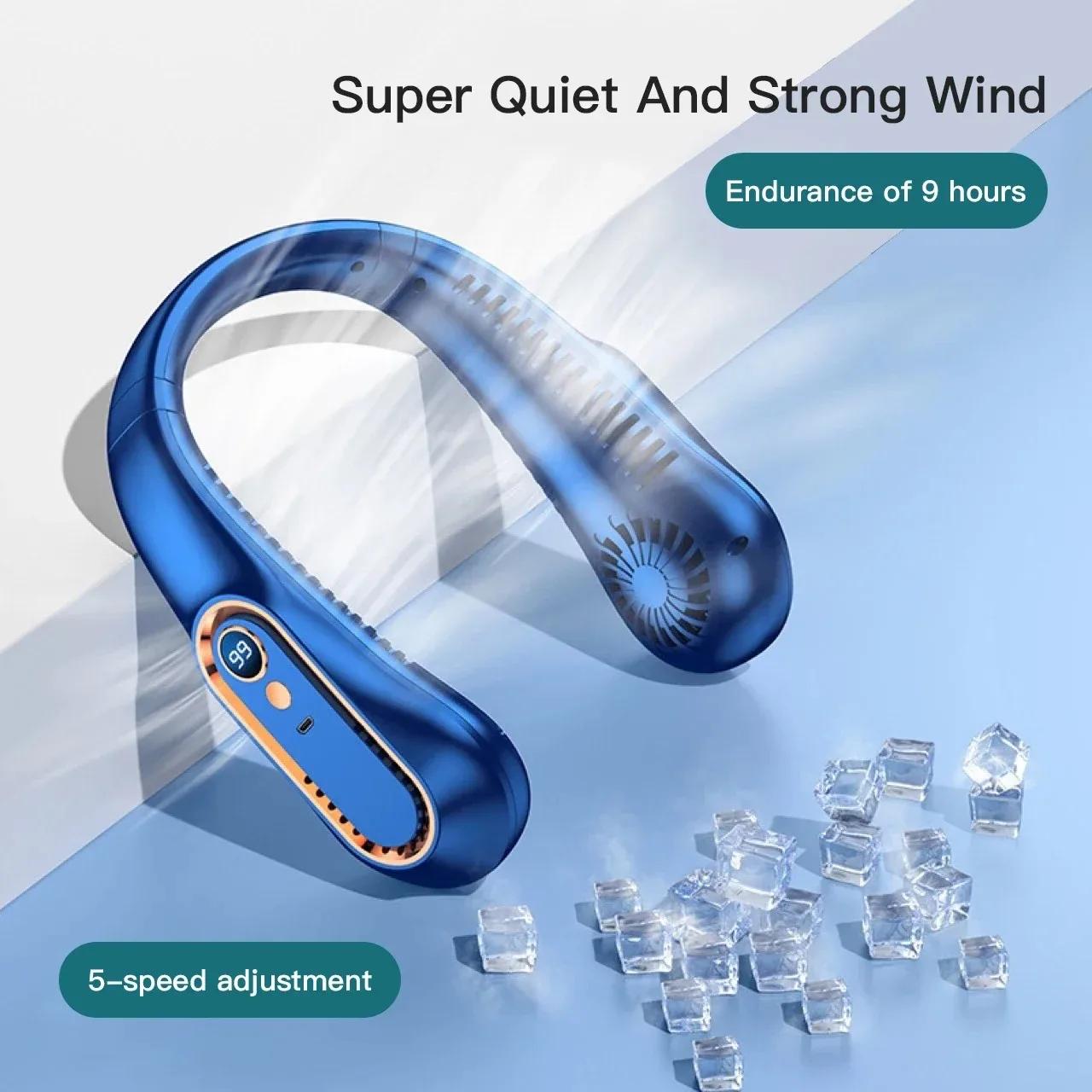 Portable mini neckband fan, USB charging 1200mAh long endurance fan, digital display, turbocharged cooling bladeless fan 6.3 inches