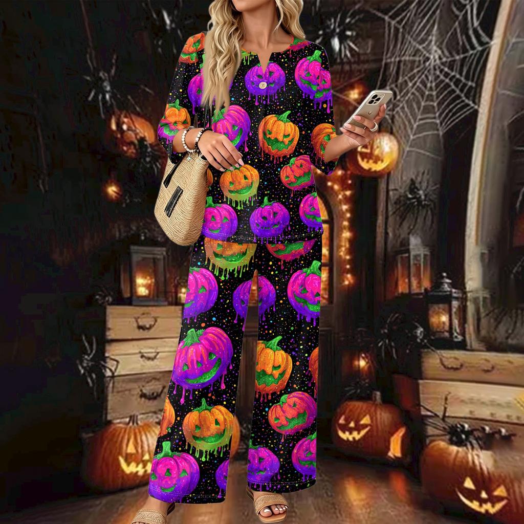 Women's Casual Printed 3/4 Sleeve Button Down Top and Wide Leg Pants 2 Piece Set