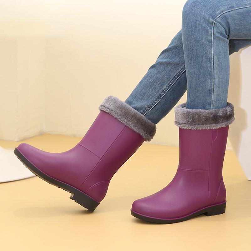 Fashionable Women's Mid Calf Rain Boots Fleece Lined Anti-Slip Half Boots Adult Rain Shoes Wholesale