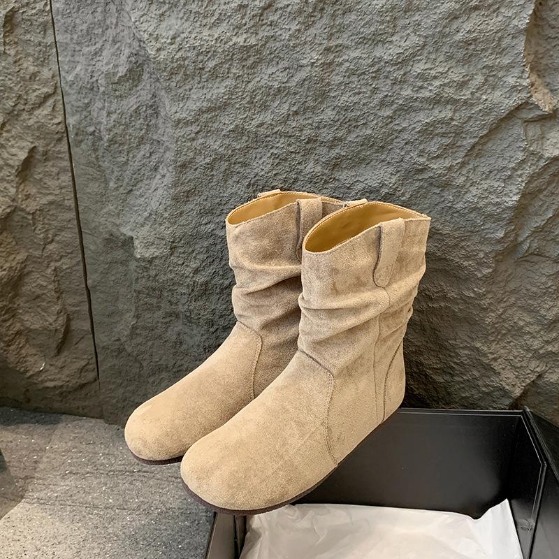 

2025 autumn and winter new retro pleated stacked short women s boots retro flat bottom low heel sleeve boots women 35