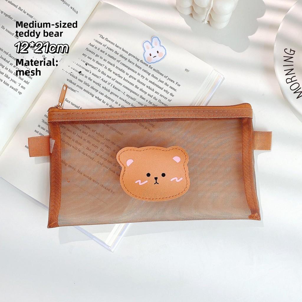 Adorable Small Bear Mesh Pen Bag With Design For Kids And Students