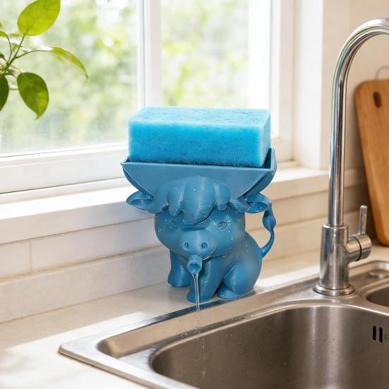 Yousheng Highland Cow Sponge Holder with Drainage Bathroom Kitchen Sink Countertop 3D Printed Cattle Sponge Stand Multifunctional Sponge Organizer