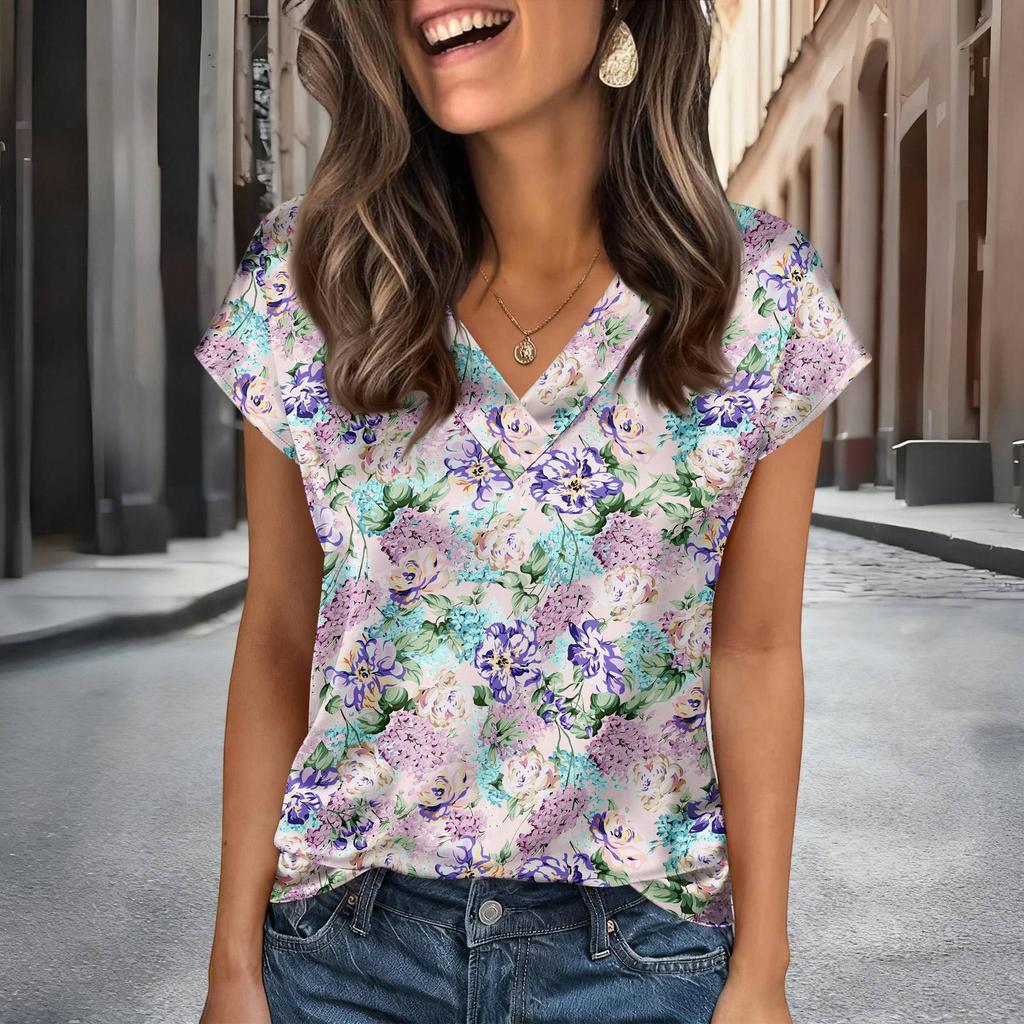 Damskie Bluzki Plamiste Krótki Rękaw Koszule Dekolt V Biznesowe Codzienne Stroje