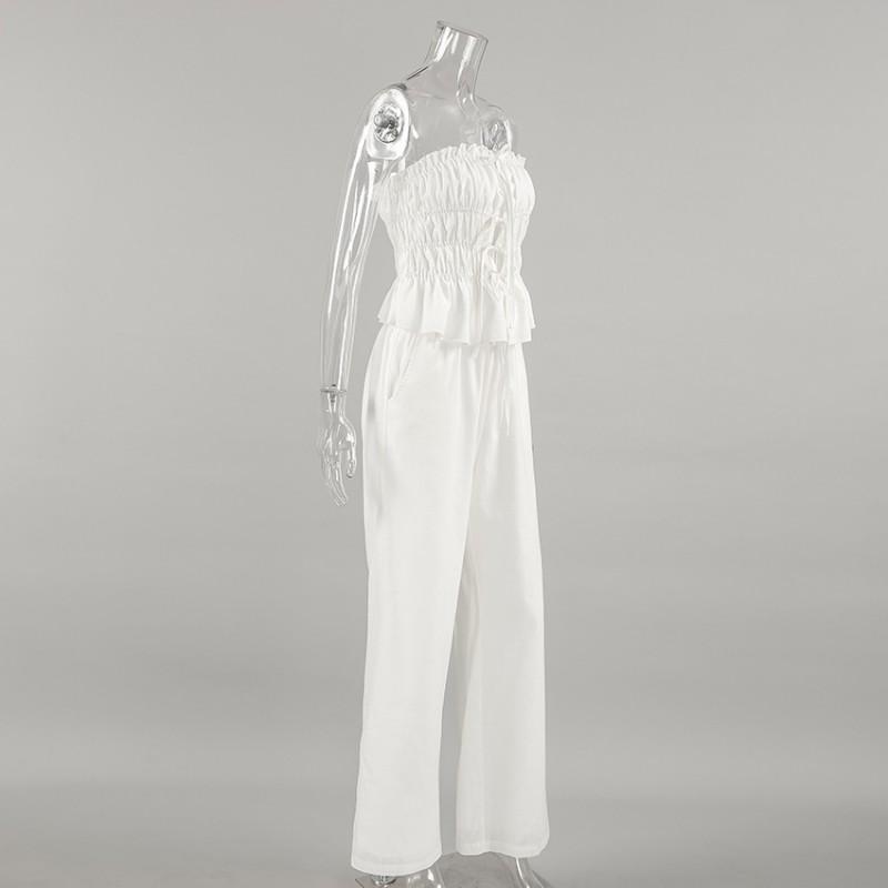 Womens White Cotton Linen Sleeveless Top Wide Leg Pants Set With Tie Detail Casual Two Piece Outfit