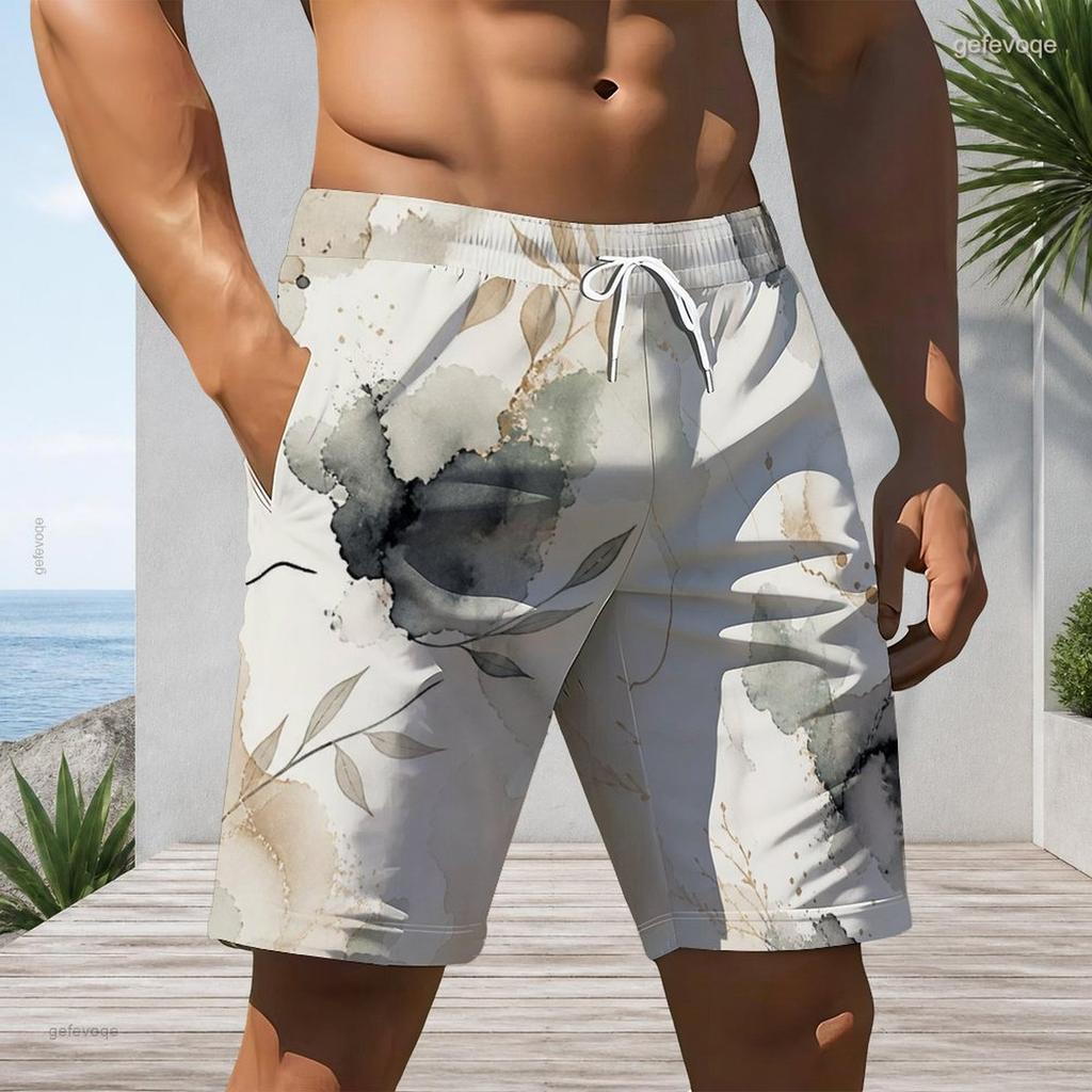 Men Plus Size Off White Watercolor Leaf Printed Beach Shorts Drawstring Waist Side Pockets Straight Leg