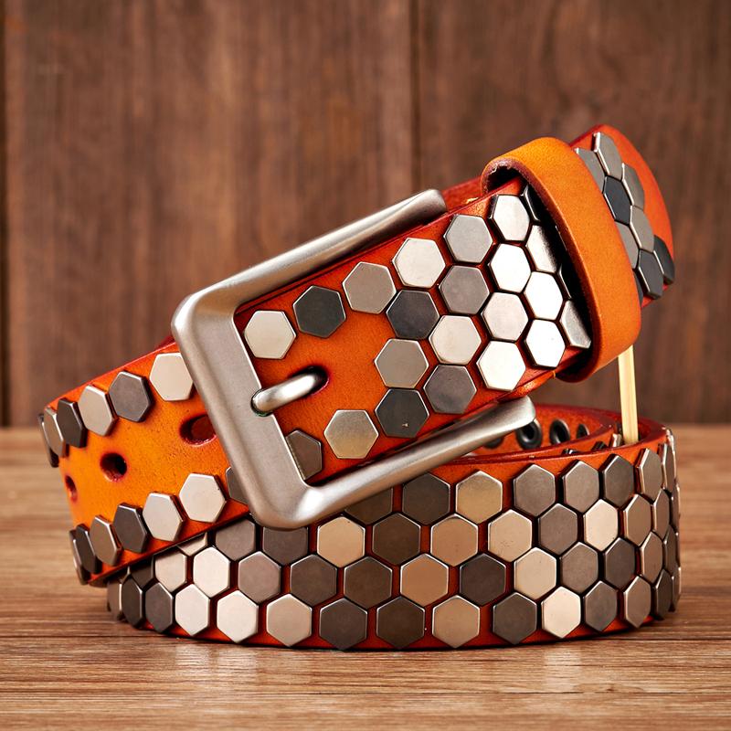

3.8cm Men Rivet Studded Belt Punk with Pin Buckle Belts Hip Hop Male High Quality Real Genuine Leather Belt Rock Strap 125cm верблюд