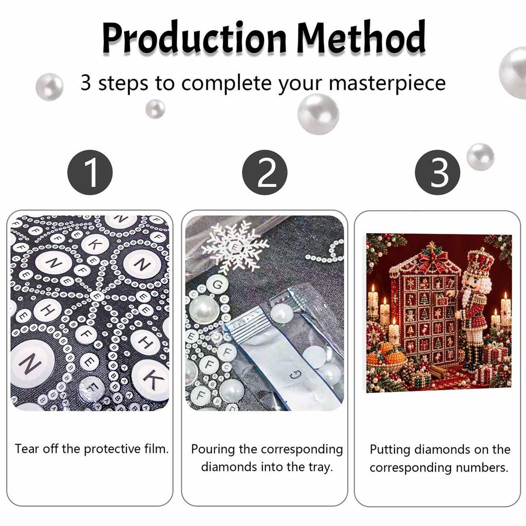 5D Pearl Painting Kit Framed with Nutcracker Advent Calendar Christmas Sparkling Bead Art Canvas DIY Relaxing Craft for Wall Decor Gift