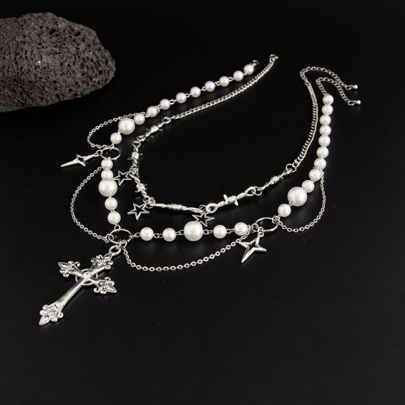 2pc Elegant Crosses Pearls Necklace Versatile Crosses Pendant Pearls Necklace Jewelry for Faithful Fashionistas