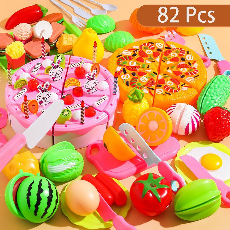 69/82/104 Pcs Play Food Set for Kids Kitchen, Pretend Food Toy for Toddlers Plastics Cutting Fake Food/ Fruit/ Vegetable Accessories