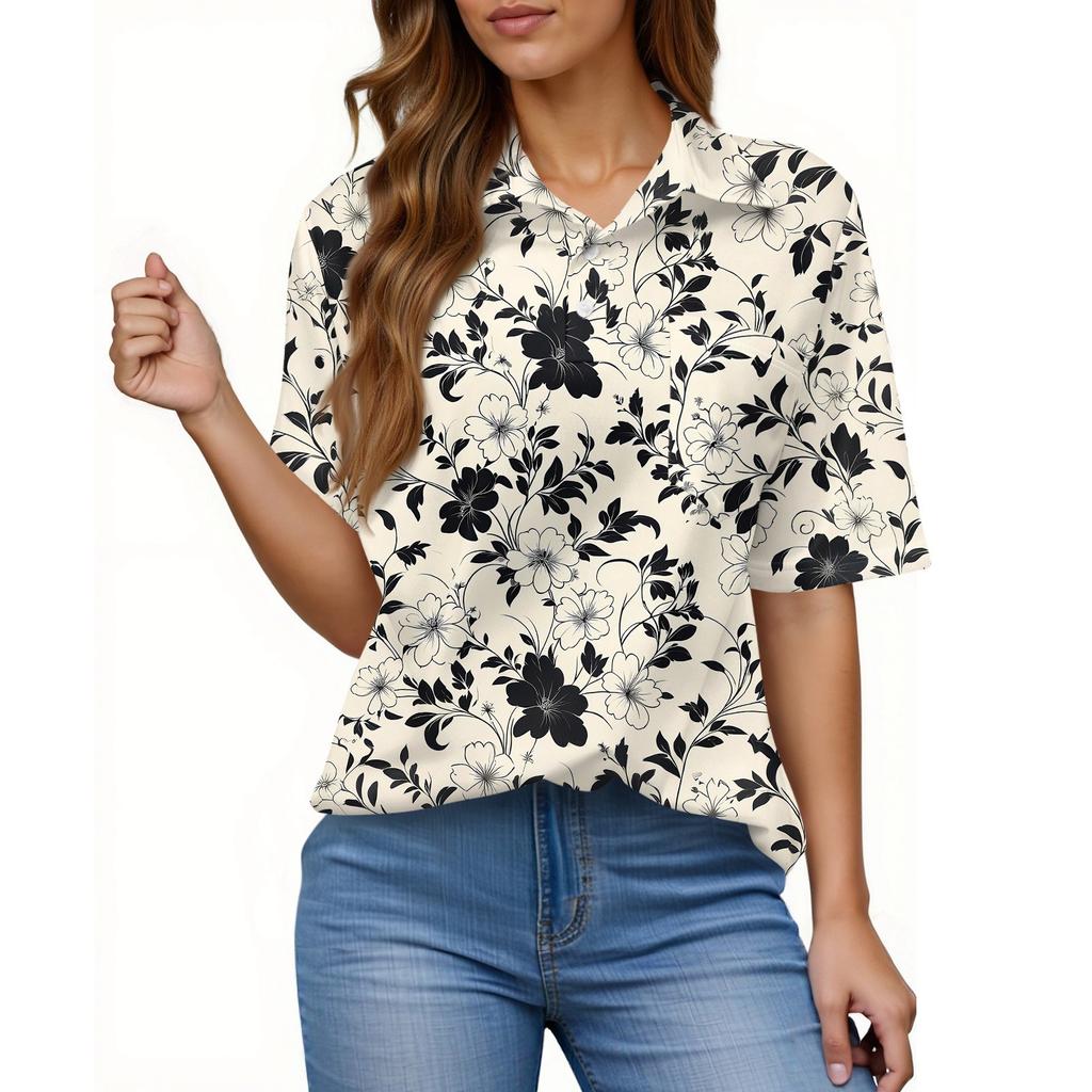 Women's Fashion Casual Button Pocket Shirt Short Sleeve Print Lapel Top