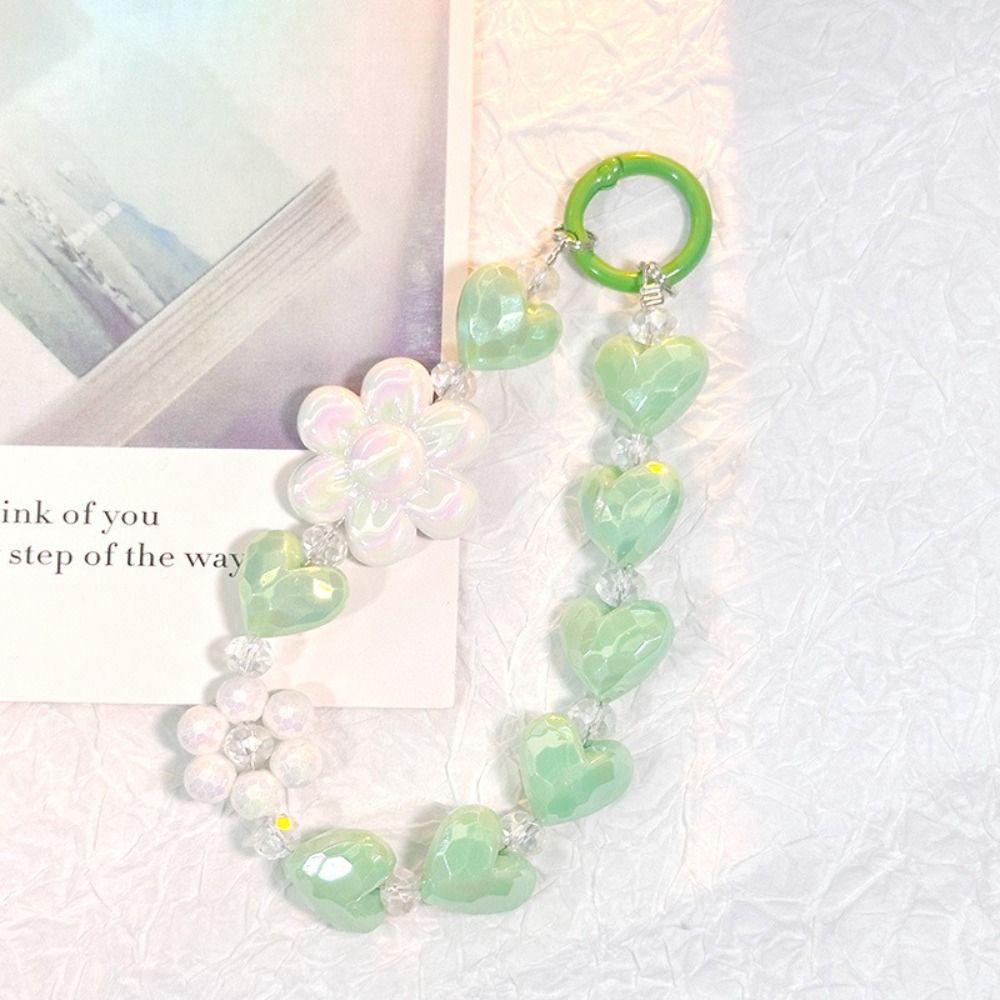 Heart Colorful Phone Lanyard Flower Keychain Crystal Phone Anti-lost Rope Colored Round Bead Cute Glitter Wrist Straps
