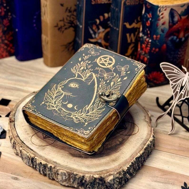 Grimoire Journal Leather Print Caltic Cat Journal Blank Spell Book of Shadows