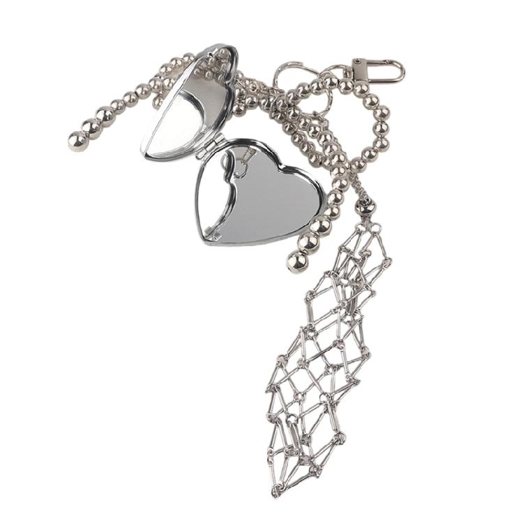 

Practical Mirror Keychain With Silver Mesh Storage Pocket Decorative Star Embellishment For Purse Organization
