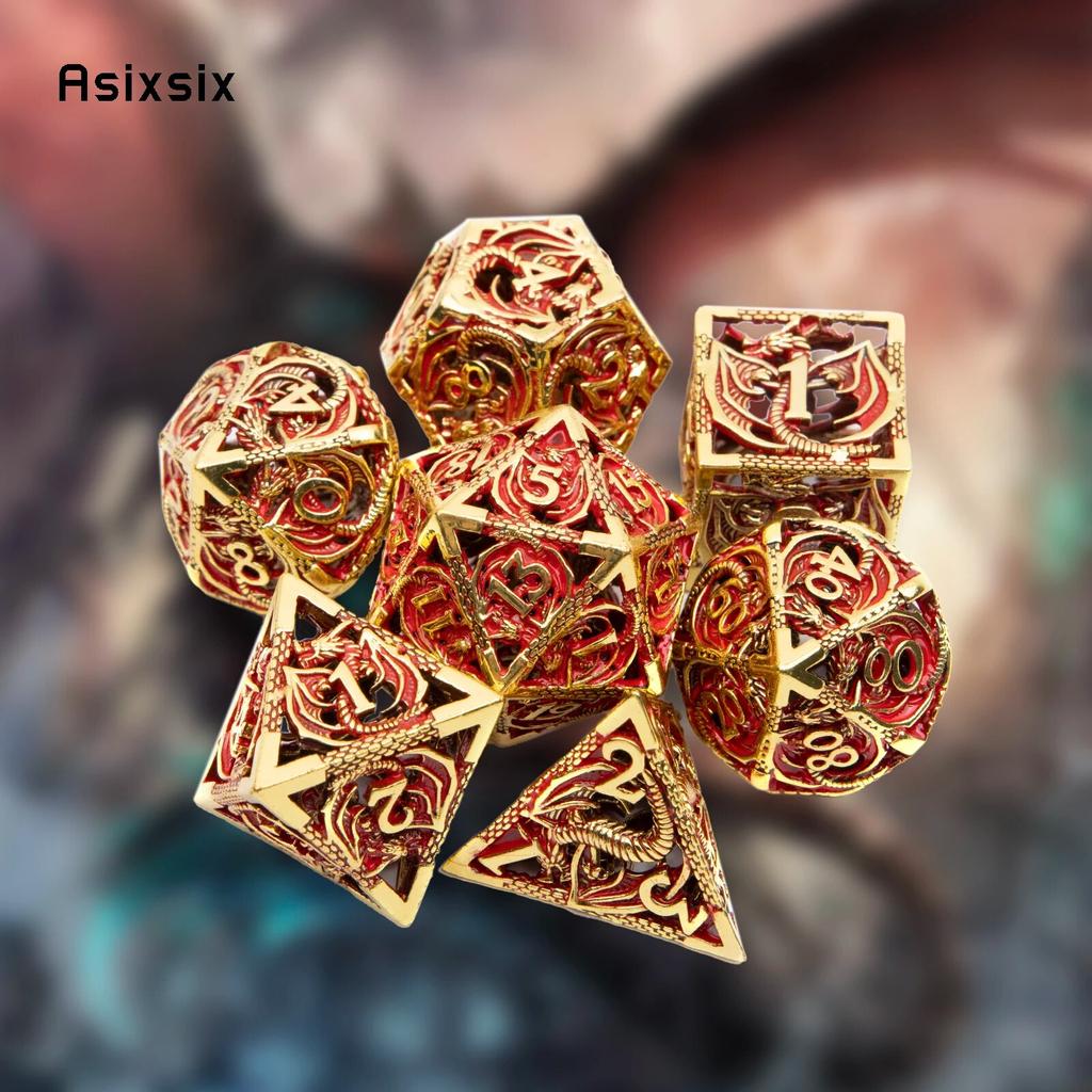 7 Pcs Golden Red Dragon Metal Dice Hollow Metal Polyhedral Dice Set Suitable for Role-Playing RPG  Board Game Card Game