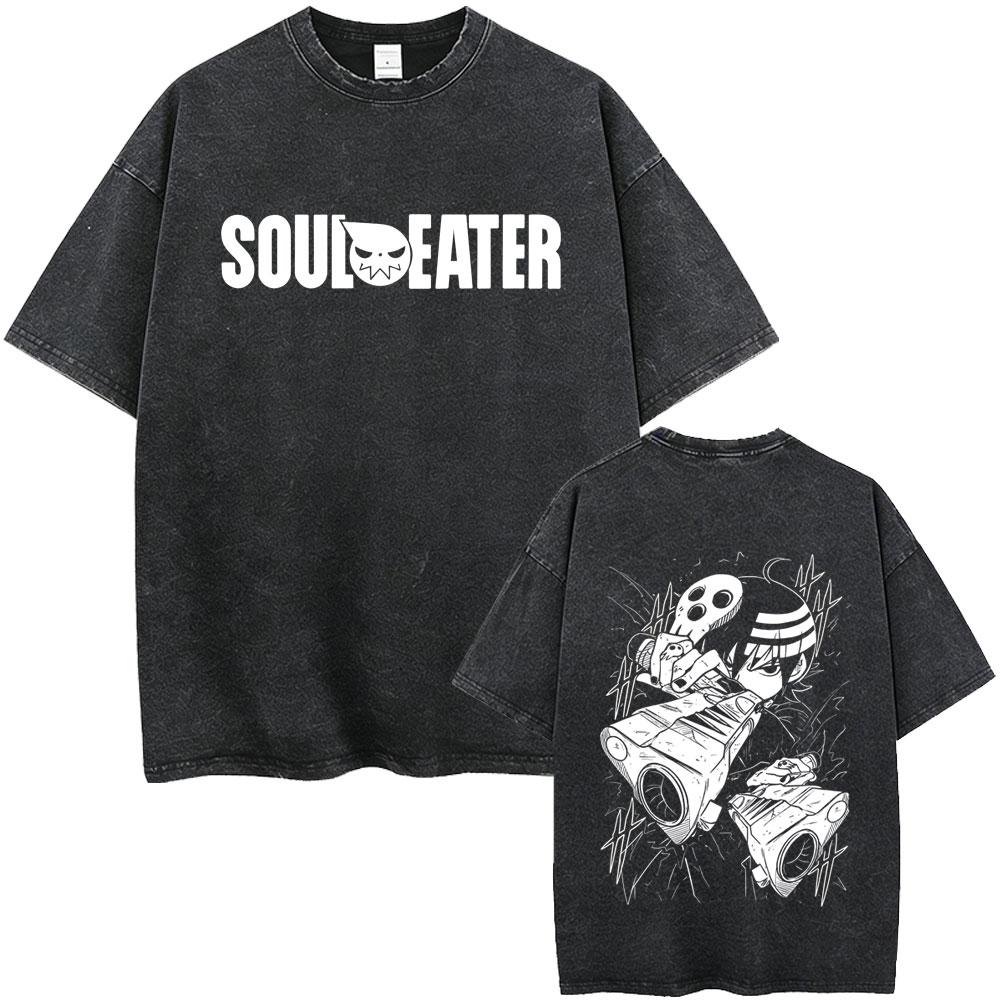 Washed Vintage Anime Soul Eater Maka Albarn Soul Evans Graphic Tshirt Mens Retro Manga T Shirts Men Cotton Oversized Tshirts