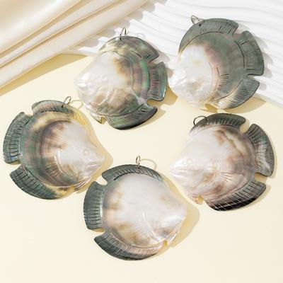 1 Pc Hand Carved Natural Abalone Shell Fish Pendant 70-80x72-82mm Iridescent Seashell Fish Charm for DIY Necklace Jewelry Making