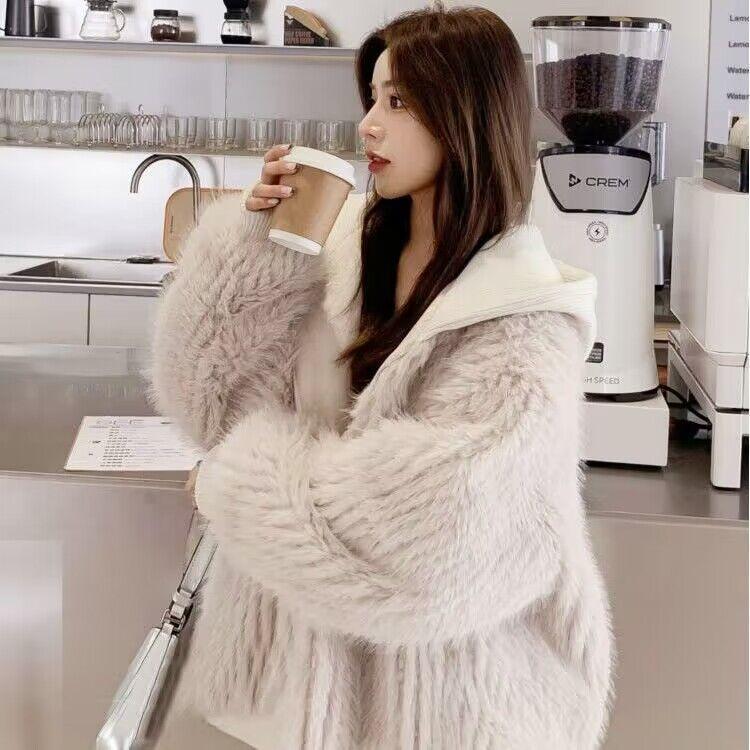 Autumn Winter Hairy Shaggy Soft Thick Warm Faux Fur Coat Women with Hood Fluffy Jacket Fake 2 Piece Clothes