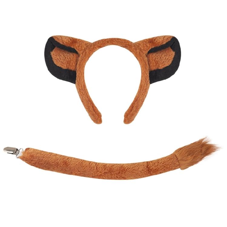 Set Cerchietto Capelli Leone Coda Peluche Naso Finto Orecchie Cane Fascia Gonna a Rete Marrone Set Cosplay Animali per Halloween