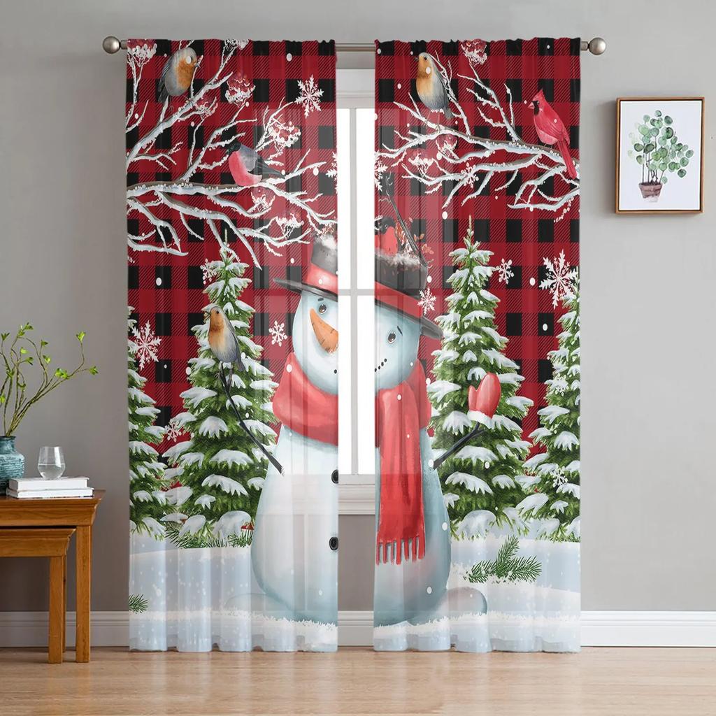 Christmas Winter Blue Snowflakes White Chiffon Sheer Curtains for Living Room Bedroom Decoration Window Voiles Tulle Curtain
