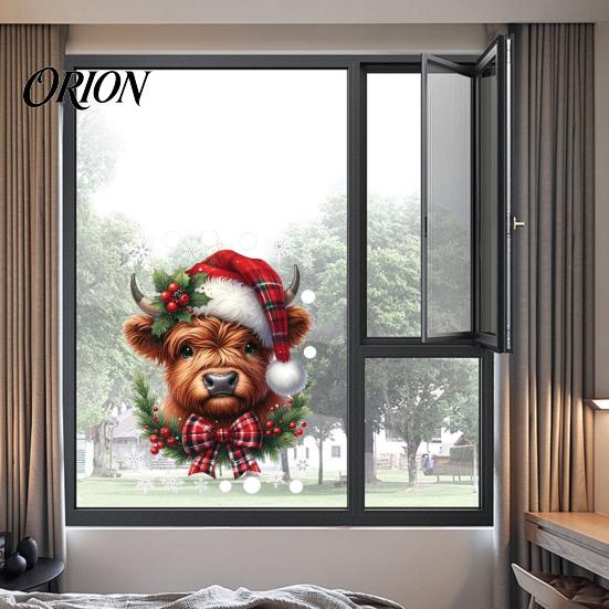 Easy Remove Wall Decals for Home Christmas Window Clings, Cute Highland Cow Sticker with Santa Hat, Winter Moisture Proof Decor Kitchen Double-Side