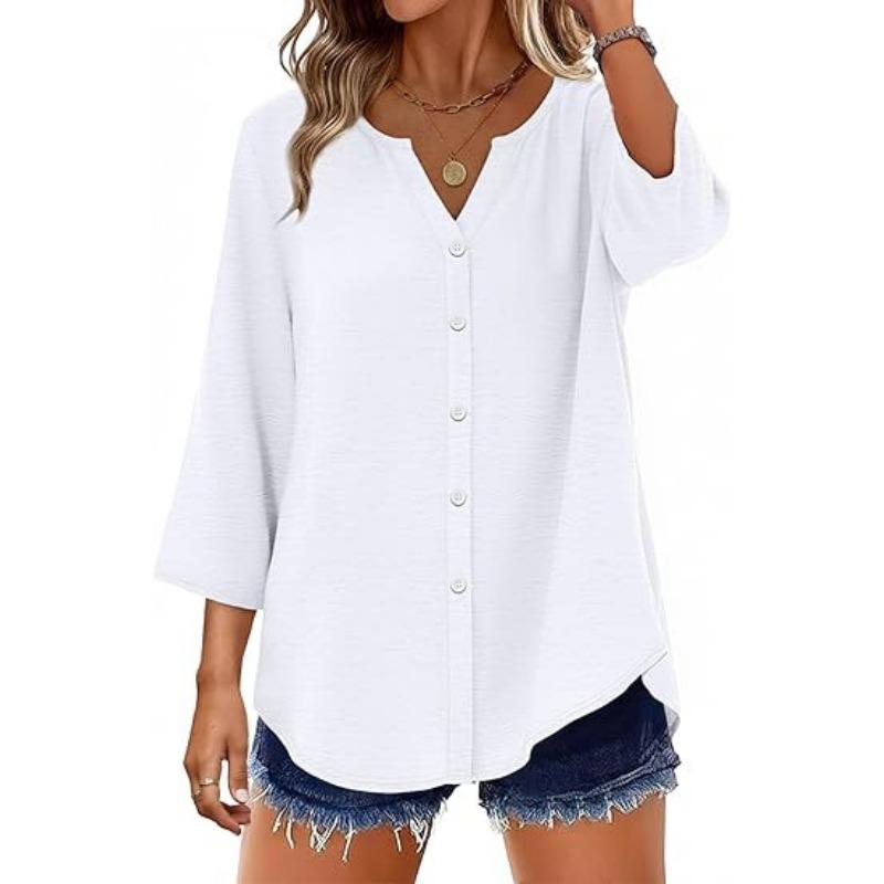 Women S Bohemian Style Buttoned V Neck 3 4 Sleeve T Shirt S белый