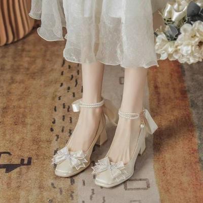 2025 Summer New Double-row Pearl Anti-high Heels Ribbon Fairy High-end Apricot Super Fairy Temperament Single Shoes