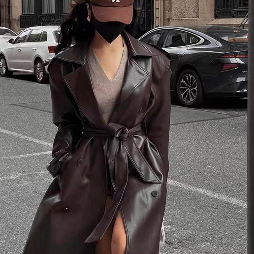 Retro Mittellange Pu-Leder Lange Jacke Damen Lose Windjacke