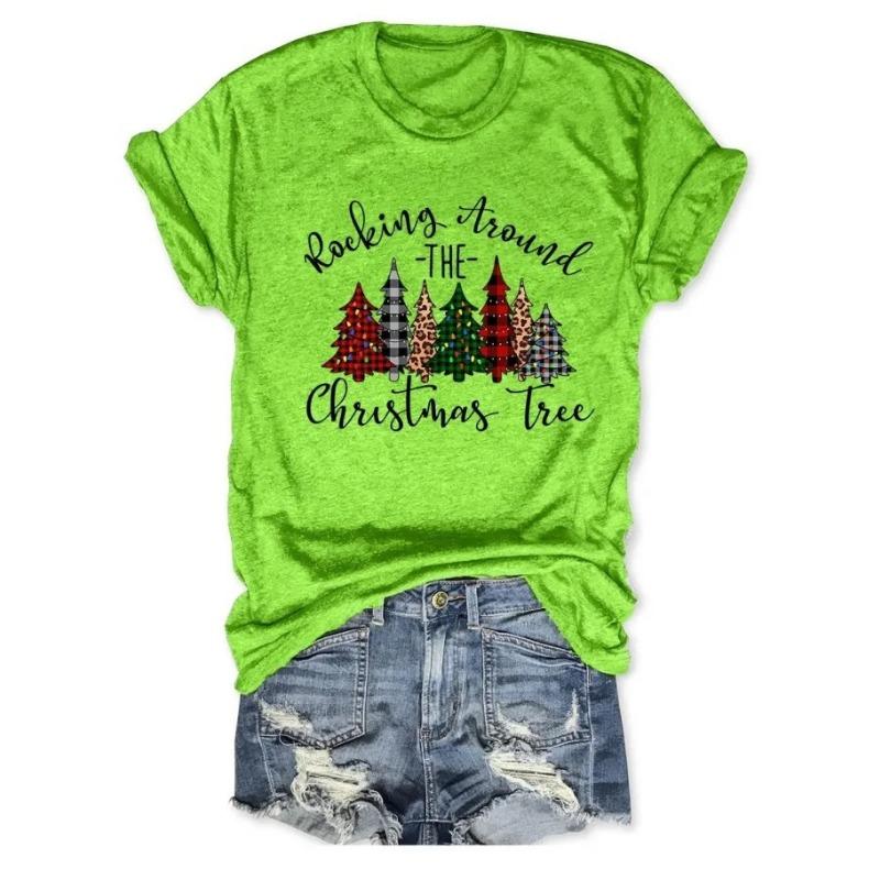 Letní dámská trička s krátkým rukávem, módní, ležérní, s 3D potiskem vánočního stromku a kulatým výstřihem