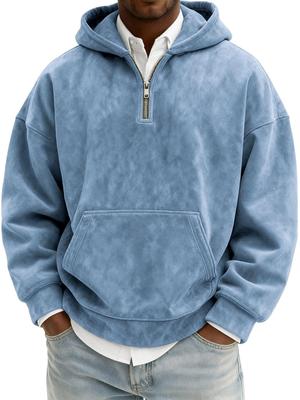 Men's Custom Distressed Half-Zip Solid Color Hooded Sweatshirt - Autumn/Winter New Style with Embroidered Print