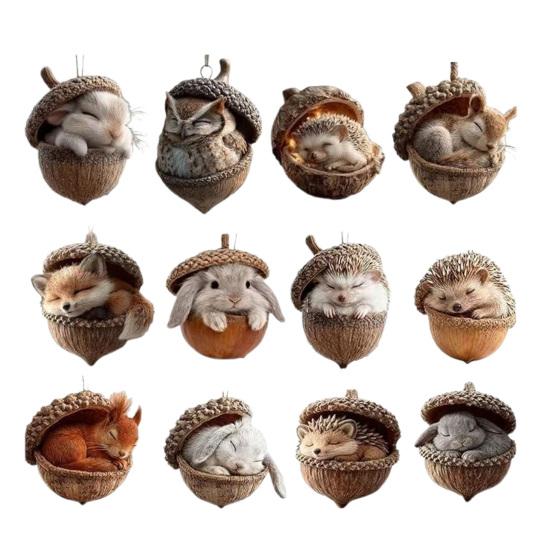 

12 шт. Акриловые украшения в виде лесных животных, 2D-печать, Декор для рождественской елки, Лесная тематика, Праздничные подвески A