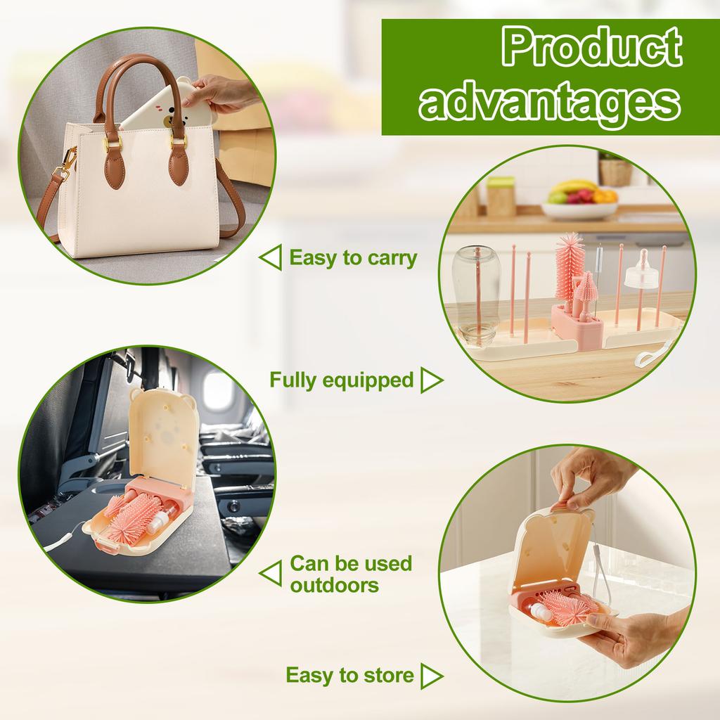 Flaschenbürsten-Set Tragbares Babyflaschen-Reinigungsset Trockenständer mit Silikon-Saugerbürste Flaschenreinigungswerkzeug für Zuhause und Reise