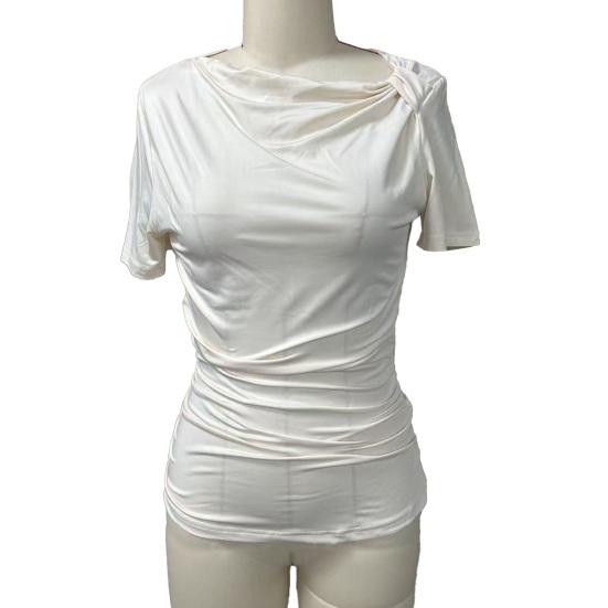 Chemise Femme Manches Courtes Col Biais Style Commuting Hauts Décontractés Coupe Ajustée Couleur Unie T-shirt d'Été