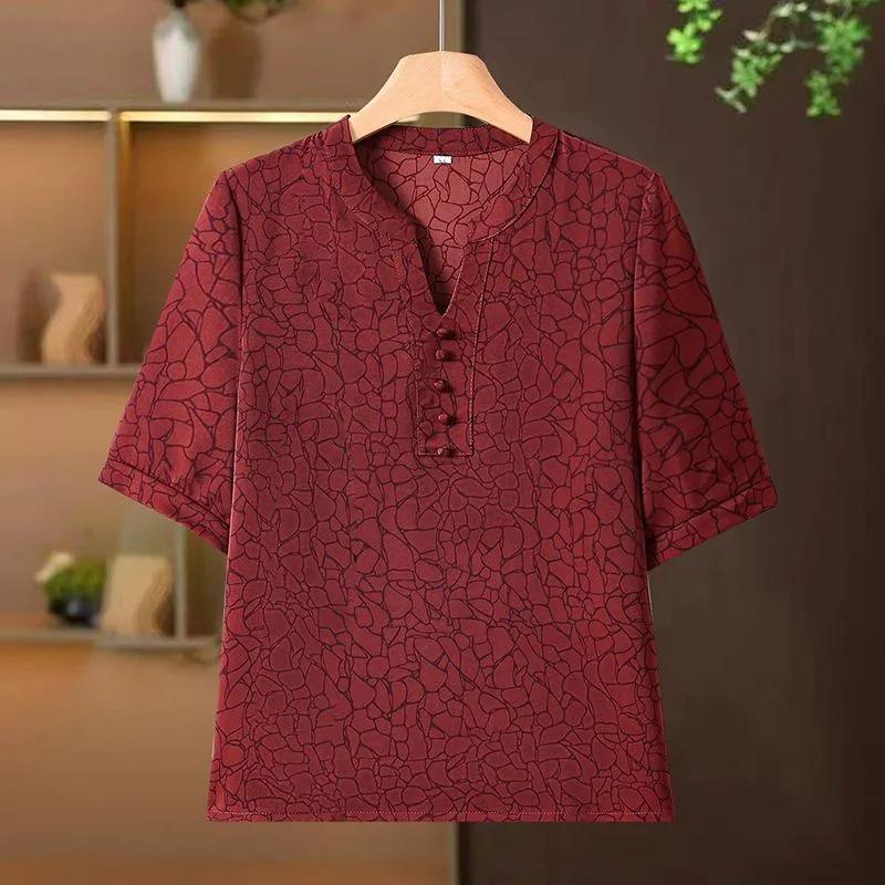 Womens Abstract Print V Neck Half Button Short Sleeve Blouse XL красный