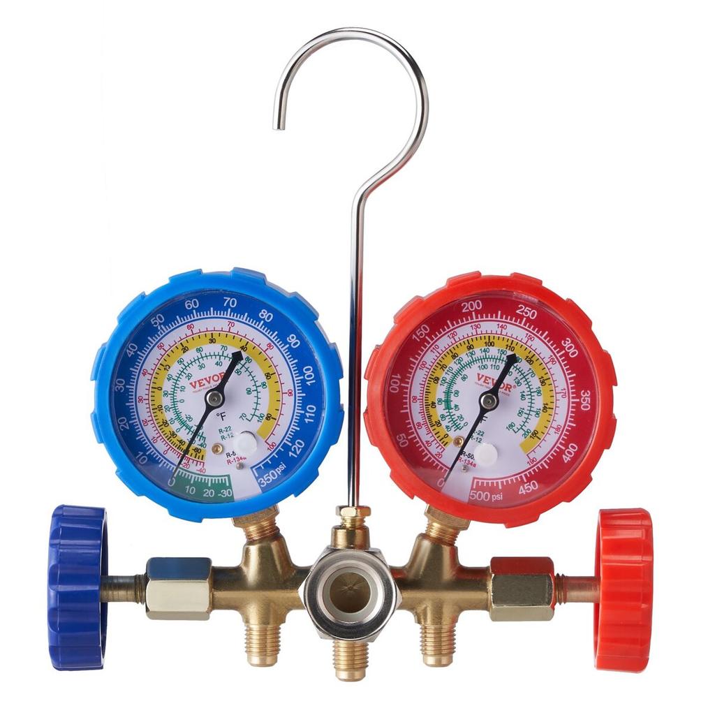3-Way AC Diagnostic Manifold Gauge Set Fits for R134A, R22, R12, R502 Refrigerant, AC Gauge Set with 5 ft Hoses, Couplers, Can Tap for Car A/C System