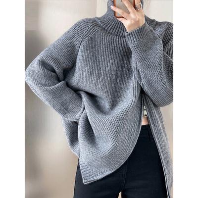 Lazy Style High Neck Zipper Solid Color High-end Knitted Sweater for Outerwear, Loose Long Sleeved Warm Top for Outerwear