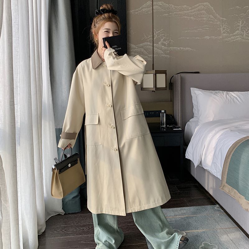 Horn Button Windbreaker Jacket Women's Mid-Length Spring and Autumn Style Korean Style Baggy Design College Style Casual Jacket