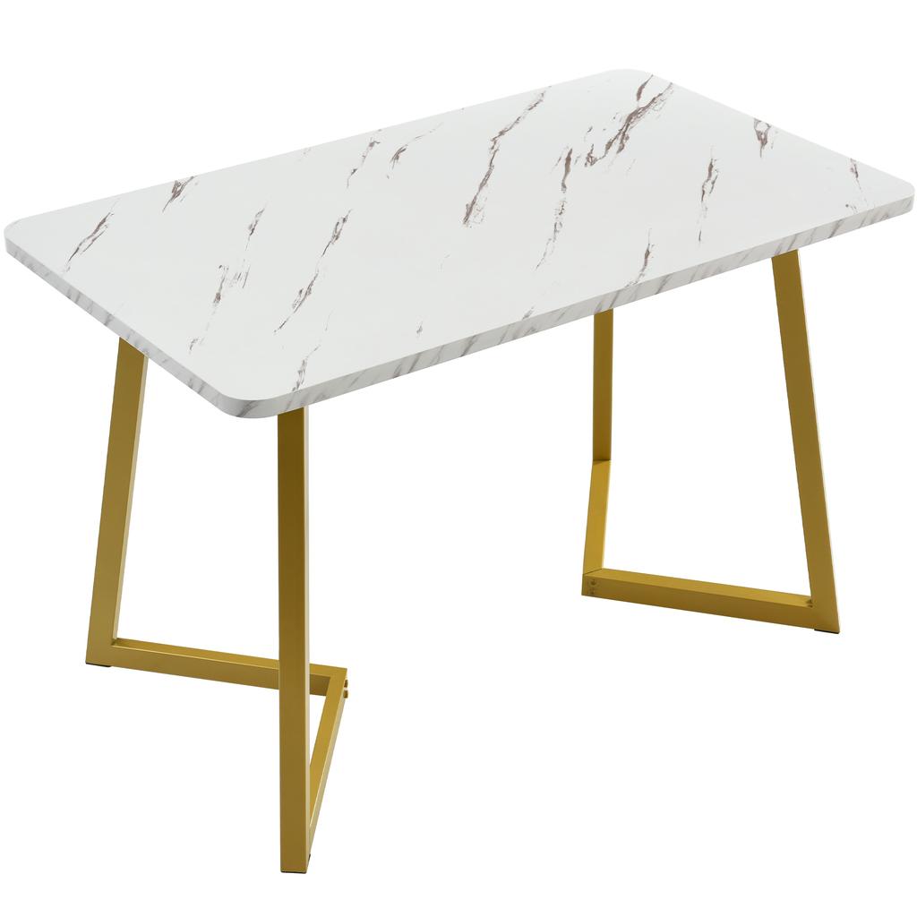 117x68cm Dining Table, Metal Frame, Rectangular Modern Marble Pattern Kitchen Table with Metal Legs for Dining Room Living Room, White, Golden/White