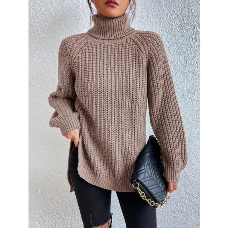Autumn Winter Turtleneck Women Sweater New Fashion Loose Plus Size Casual Knitted Pullover Sweaters Solid Color Split Elegant Long Sleeve Sweater 1151