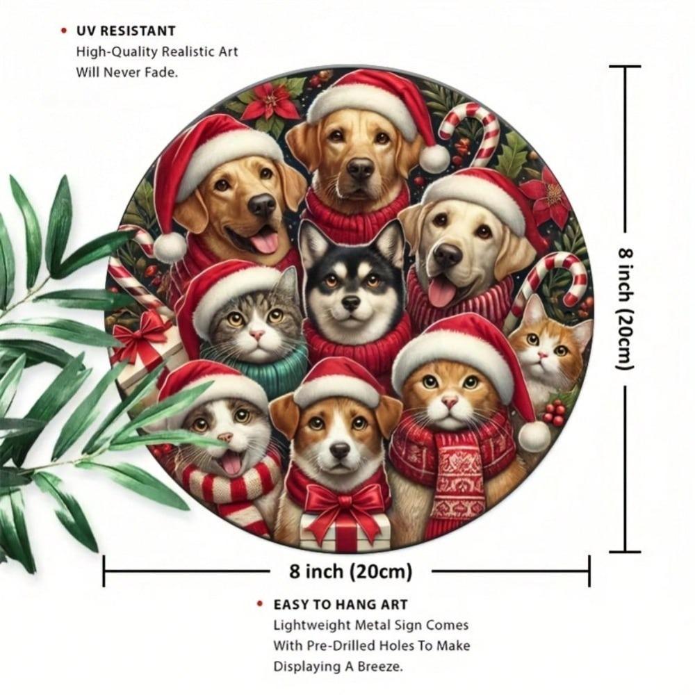 Vintage Christmas Cat Dog Round Iron Wall Art Sign Farmhouse Porch Decor
