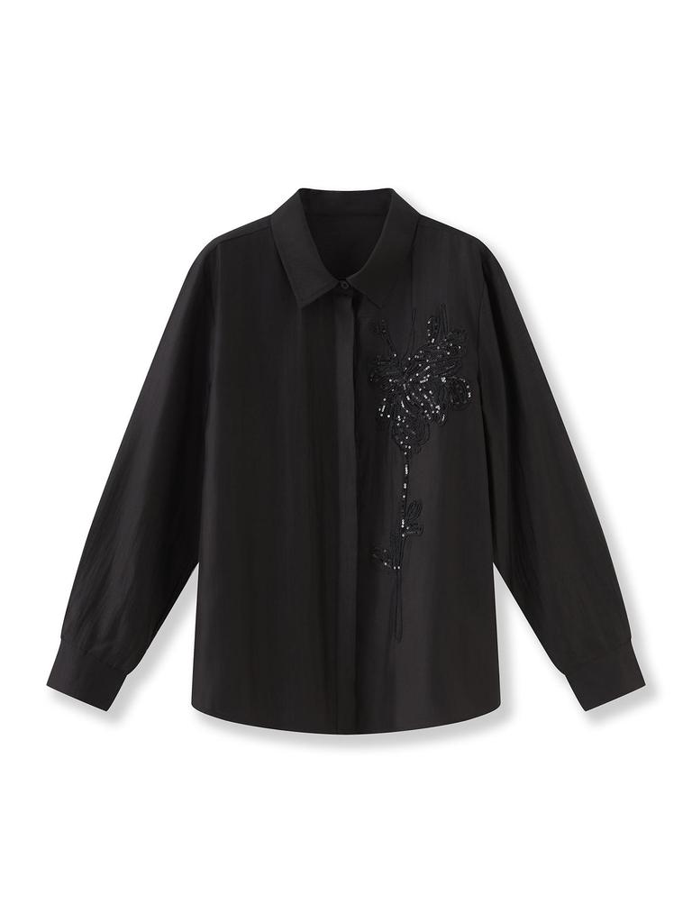 French Embroidered Long Sleeve Shirt with Turn-Down Collar for Early Autumn Women's Fashion.