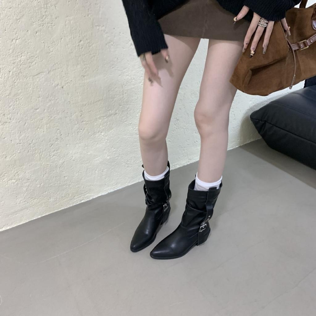 2025 Autumn and Winter New Round Head Thick Heel Belt Buckle Medium Tube Thin Fashion Martin Western Women's Short Boots