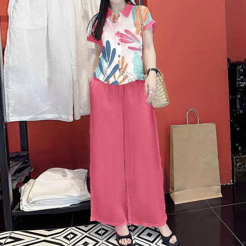 ZANZEA Women Short Sleeve Print Blouse and Pants Summer Two Piece Suit Sets