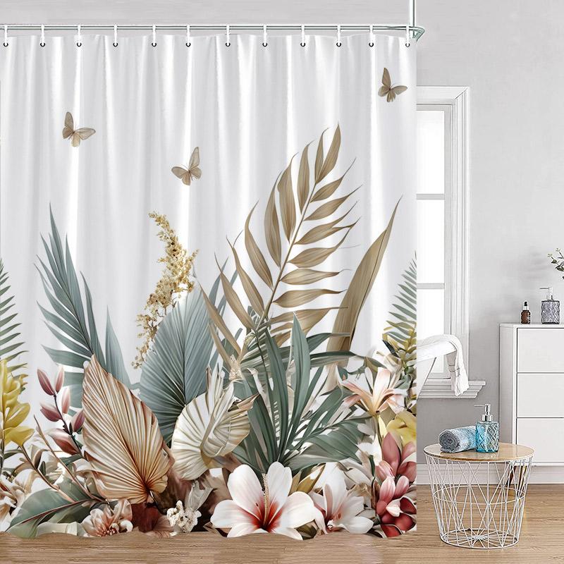 Tropical Leaves Shower Curtain Watercolour Palm Leaf Monstera Floral Bath Curtains Polyester Fabric Bathroom Decor With Hooks