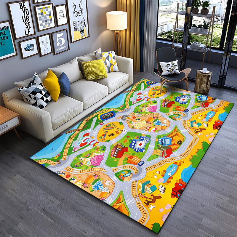 Town Map Pattern Play Rug for Kids Non-slip rug suitable for living room and bedroom sofas.
