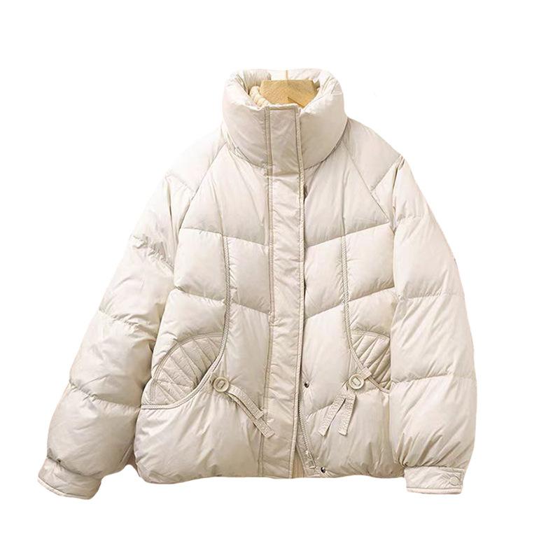 Down jacket women's 2024 winter new fashion design sense pocket thickened stand-up collar white duck down warm jacket