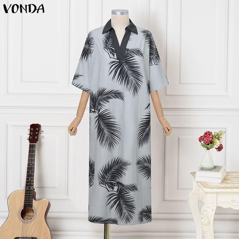 VONDA Oversized Women V Neck Half Sleeve Print Casual Bohemia Holiday Long Maxi Dress M светло-серый