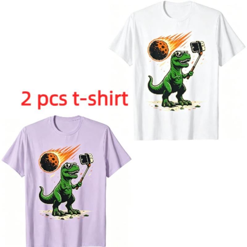 Funny Cartoon Dinosaur Selfie Pattern Print Men's T-shirt Summer Men's and Women's Casual Fashion Tops Men's Short Sleeve T-shirt Oversize Clothing