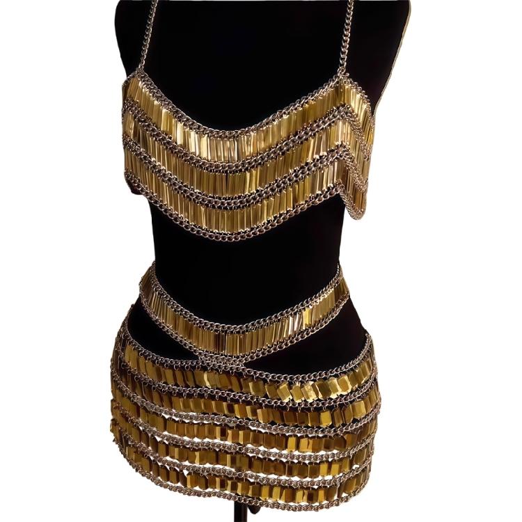 

Body Chain Sparkly Rhinestones Skirt Sleeveless Crop Tops Fashion Bikini Body Jewelry Festival Party for Women and Girls One Size золотой
